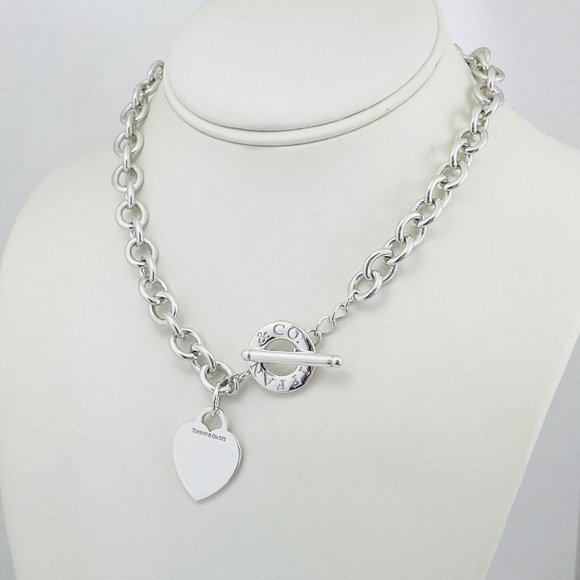 18" Tiffany & Co Silver Blank Heart Tag Toggle Necklace with Blue Pouch - Picture 2 of 6